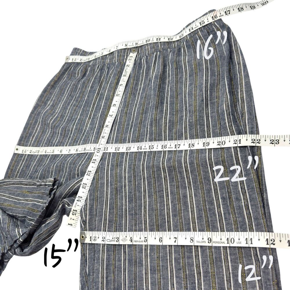Wide Leg Crop Pants Blue Stripe Linen Blend Pull-On L Metallic Lagenlook - Picture 6 of 8